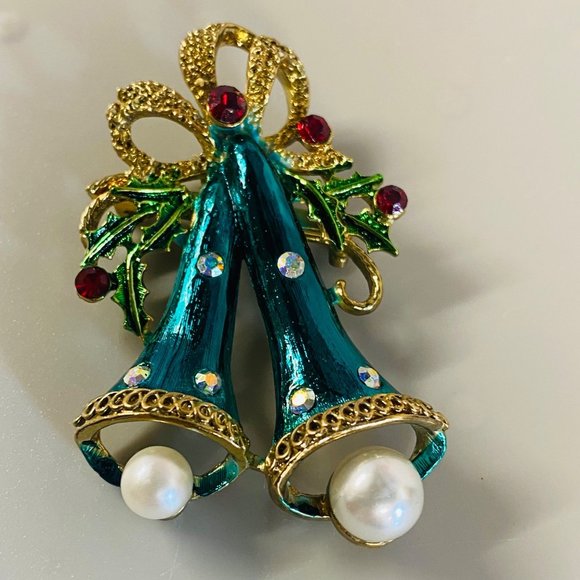 Long Two Bell Christmas Holiday Brooch Pin Holly Faux Pearls Rhinestone Bows - Picture 2 of 16